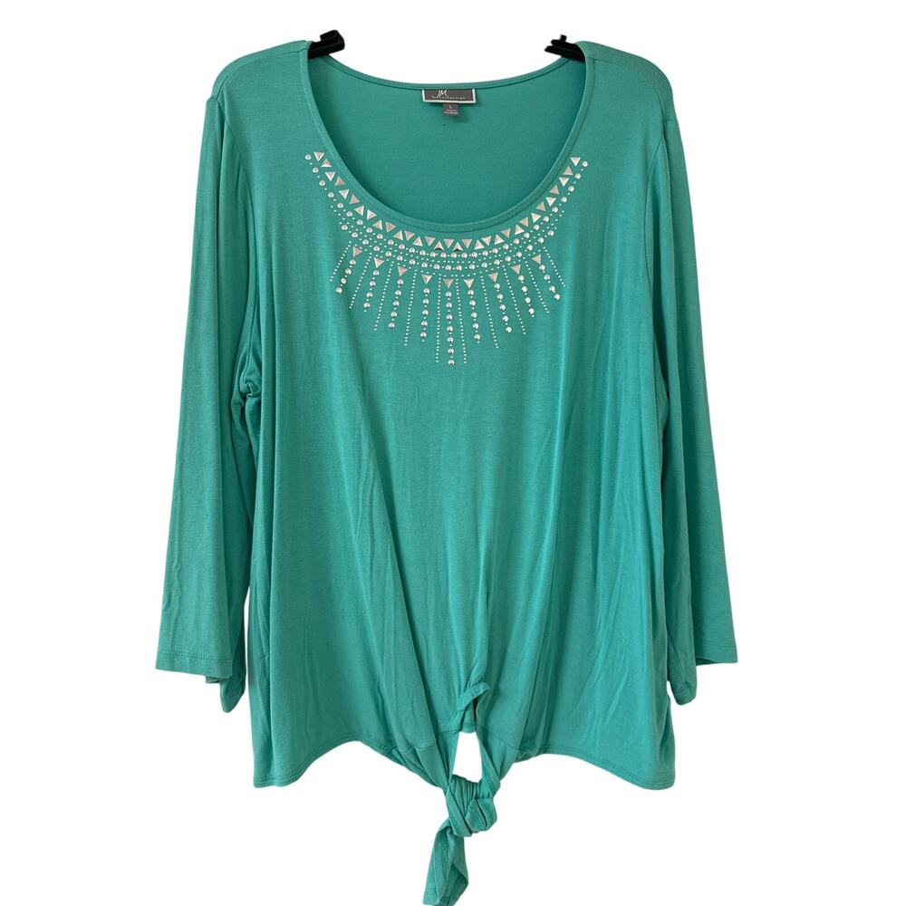 JM Collection, Large Green Top With Long Sleeves Scoop Neck Tie Hem Silver Studs